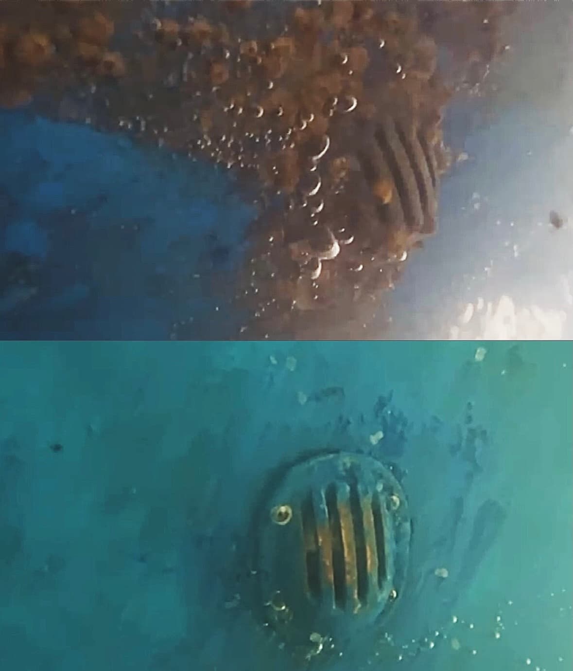 Split underwater views document marine growth and cleaned hull components.