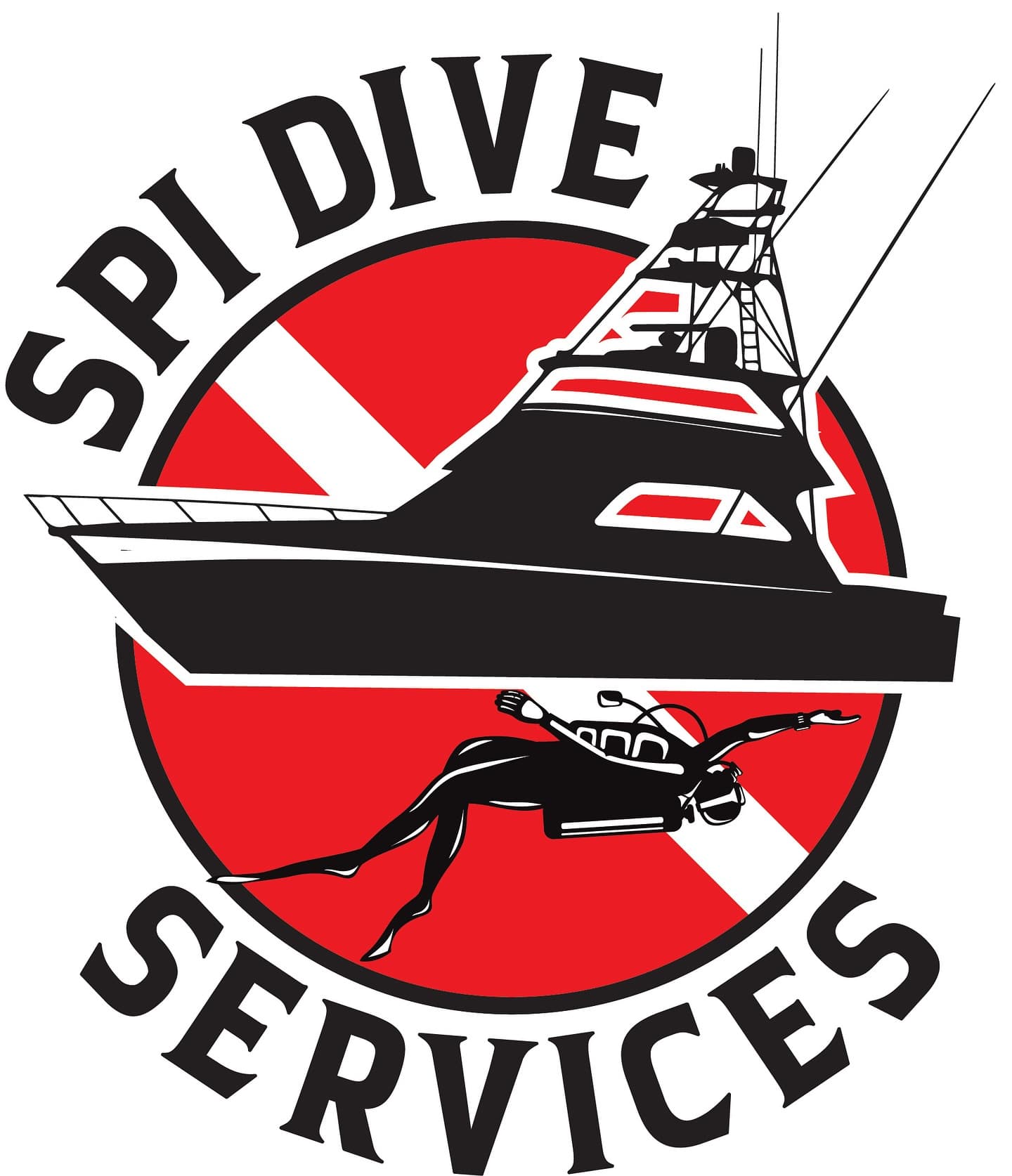 SPI Dive Services logo with a sportfishing boat, scuba diver, and red-and-white dive flag.